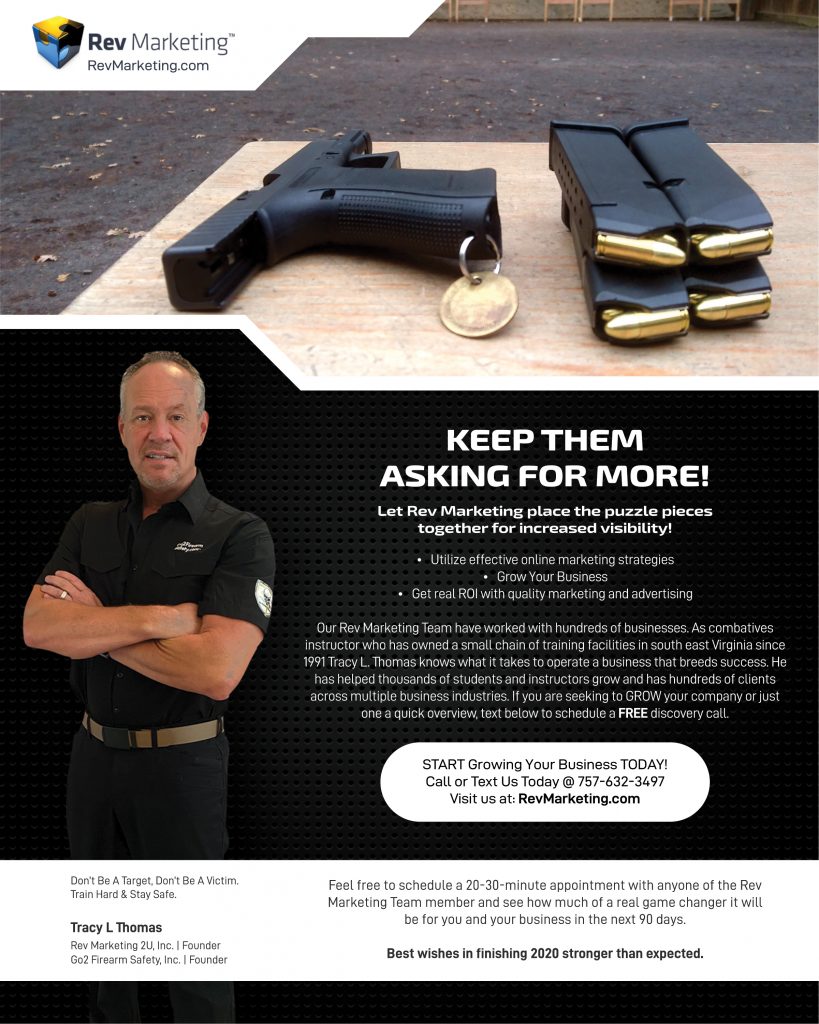 The Rev Marketing Team builds long lasting relationships with the firearms industry while developing a marketing plan and strategies to enhance growth online and in communities around servicing the firearms industry.